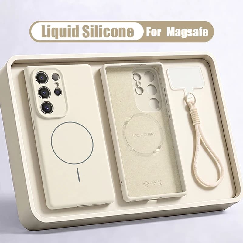 Custodia per telefono in silicone liquido con cordino magnetico per Samsung Galaxy S26 S25 S24 S23 S22 Ultra S26 Plus, cover antiurto compatibile con MagSafe