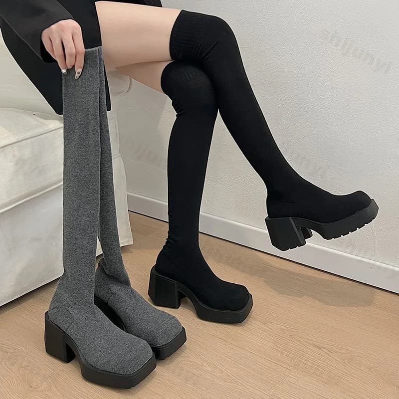 Women's Elastic Socks Boots Long Tube Over Knee Thick Heel Slimming Knit Socks Shoes New 2025 Autumn Platform Botas Mujer