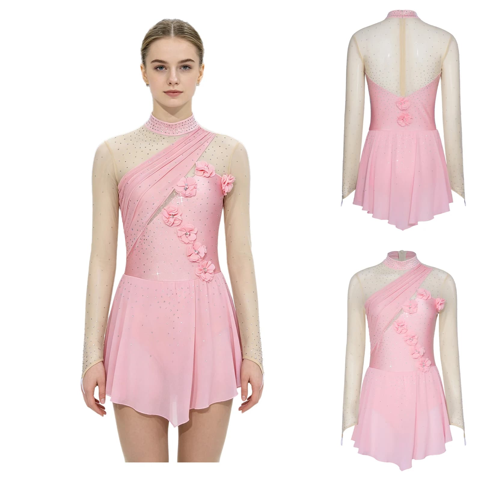 Abito da Pattinaggio Artistico per Donna con Applicazioni Floreali 3D e Strass, Vestito Lirico da Balletto per Squadre di Danza e Competizioni