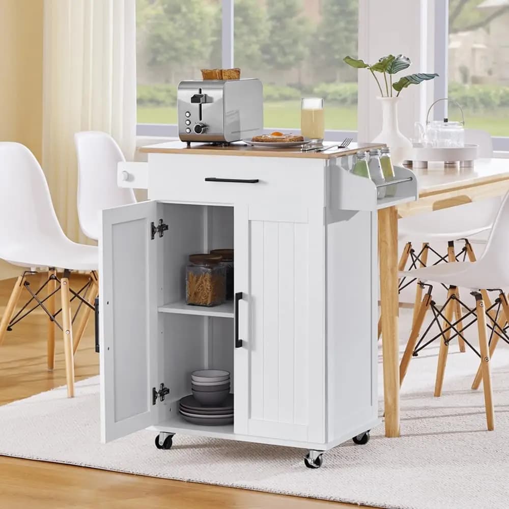 #Rolling Kitchen Cart Bamboo Top Drawer Adjustable Shelf Storage Spice Rack Towel Bar Kitchen Dining White