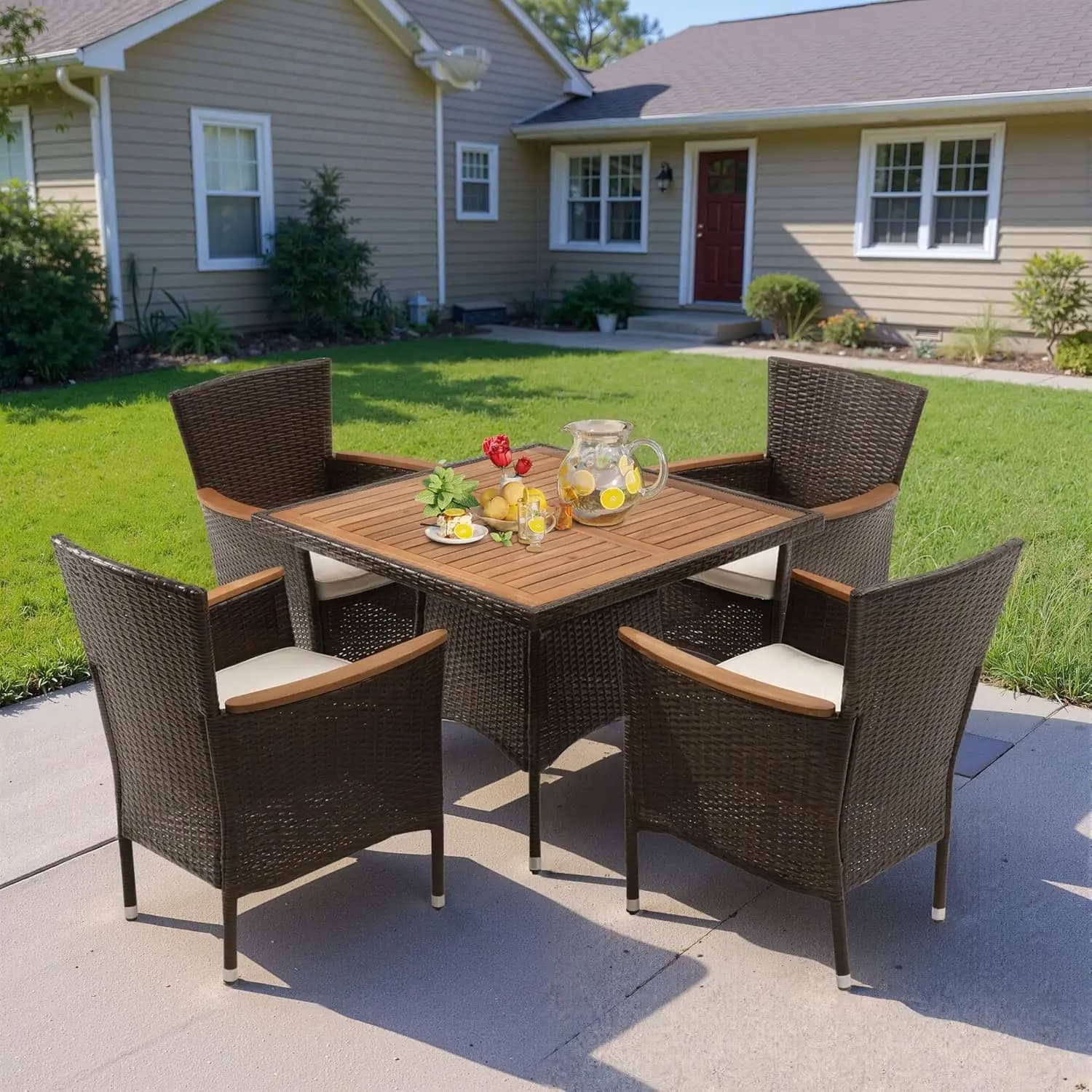 Table and chairs for patio, Rattan Outdoor Furniture Set with Removable Bearings, Outdoor Lunch Set for Patio with A