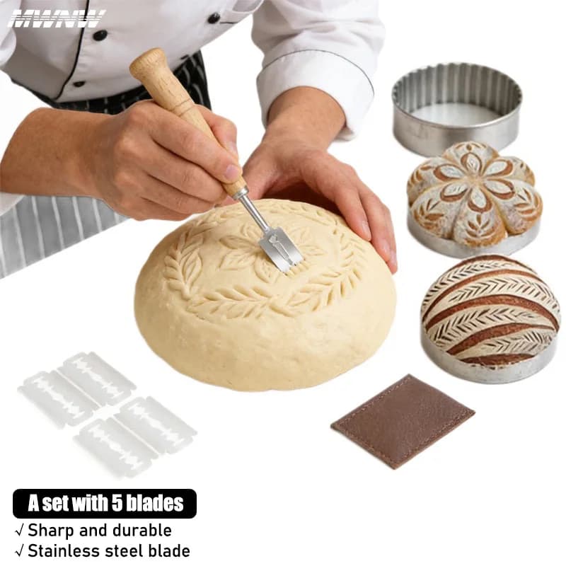 A Set Wooden Handle Curved Bread Slicer Creative Stainless Steel Bread Shaping Knife Dough Dividing Knife Kitchen Baking Tools