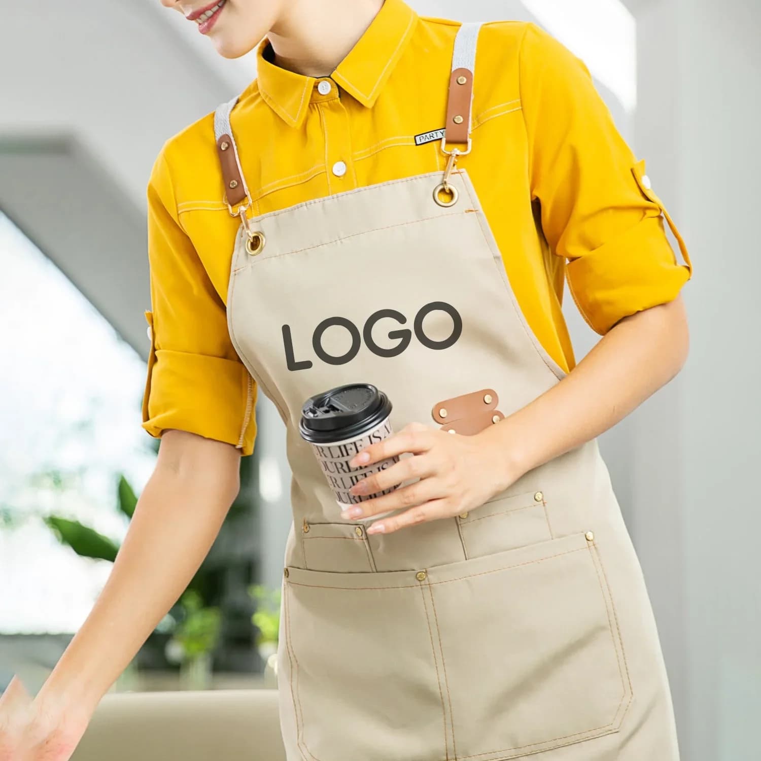 Customizable Canvas Work Apron Waterproof Oil Resistant Adjustable Apron with Pockets for Kitchen Restaurant Cafe Shop Men Women