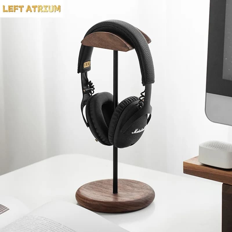 Walnut Wood & Metal Headphone Stand – Minimalist Gaming Headset Holder for Desk, Office & Home – Premium Earphone Display Rack