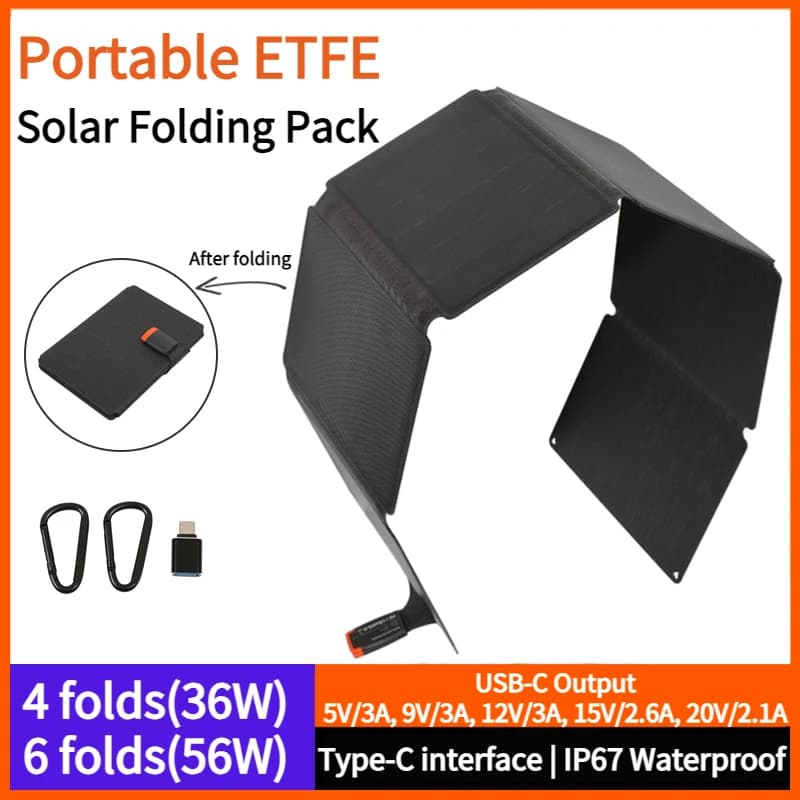 Pacchetto pieghevole solare ETFE 36W 56W cella fotovoltaica tipo C PD USB 5V 9V 12V 20V uscita caricatore rapido per piastra fotovoltaica esterna per esterni