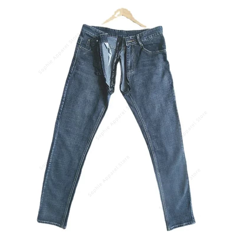 Pantaloni per il sesso all'aperto Jeans sexy per uomo Croche Crotchless Esposizione all'aperto Pantaloni in denim Cerniere complete Foro Abiti erotici
