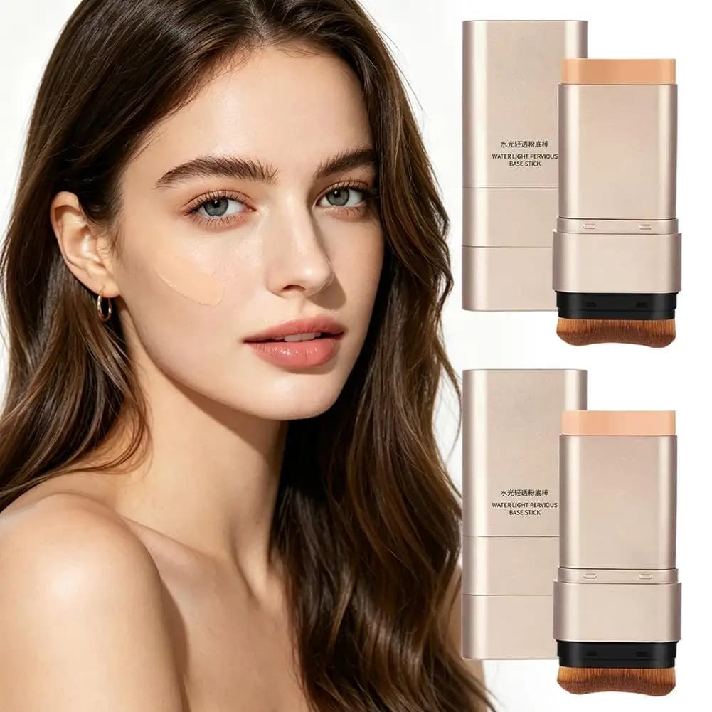Portable Double-head Foundation Cream Stick Long-lasting No Fade Hydrating Light Skin Tone Makeup with Brush Easy Blending
