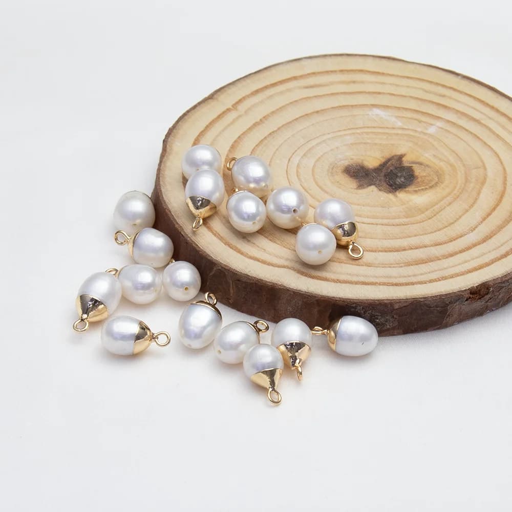 1 pz pendenti di perle d'acqua dolce naturali ovale testa dorata fascino creazione di gioielli collana fai da te orecchini accessori 7-8x14-15mm