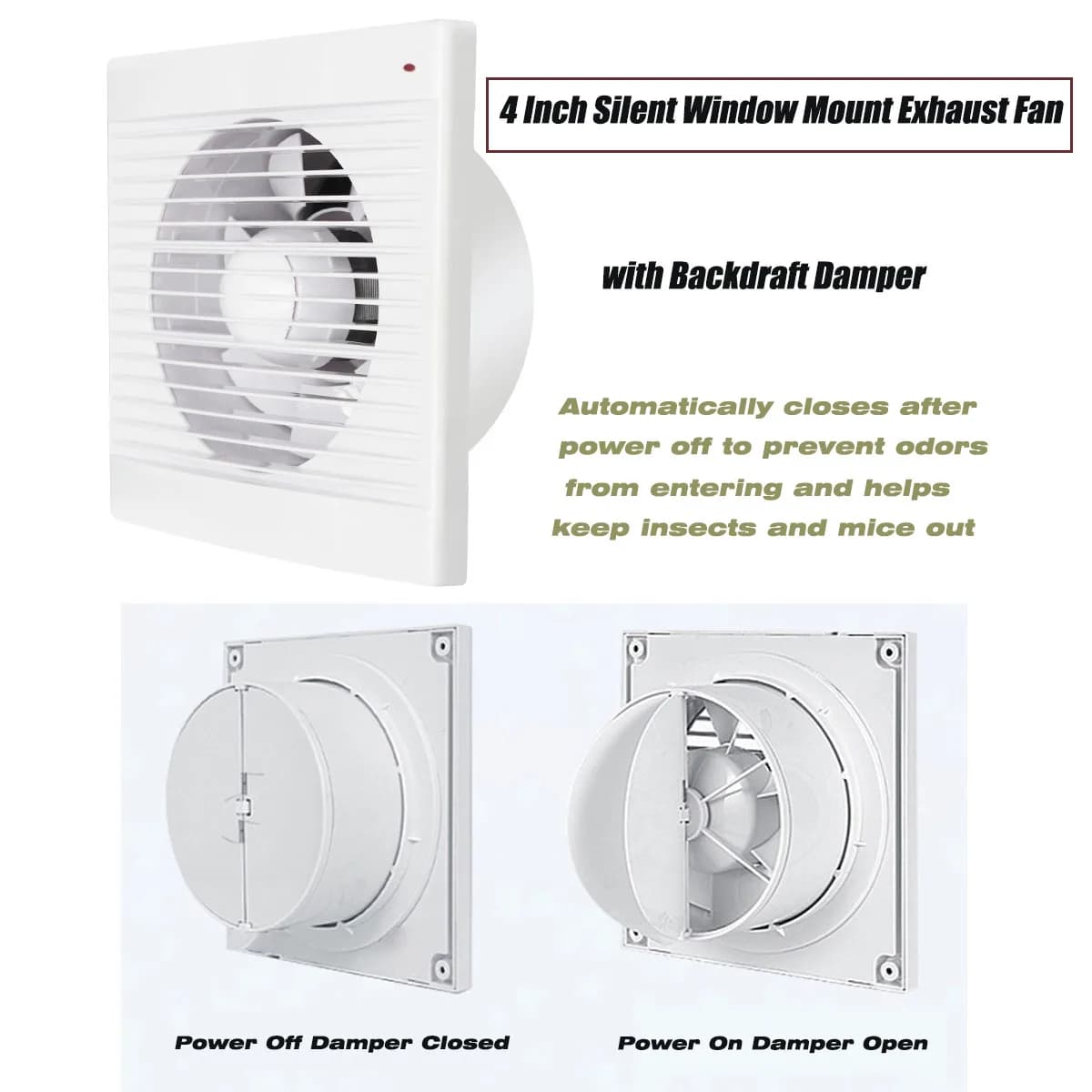4 Inch Silent Window Mount Exhaust Fan with Backdraft Damper, Bathroom Toilet Kitchen Ventilation Extractor Fan, GB EU UK Plug O