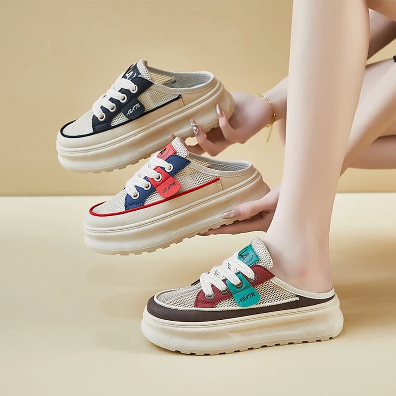 Ciabatte Sportive da Donna in Mesh con Suola Spessa, Mezze Ciabatte alla Moda con Lacci, Scarpe Casual Trendy, Sneakers da Donna 2026