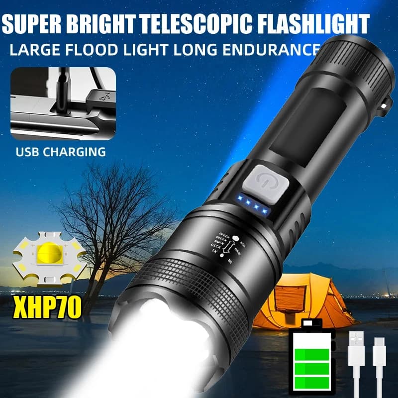 Super Bright XHP70 Led torce 9000LM torcia Zoom telescopica integrata 26650 batteria ricaricabile campeggio avventura lanterna