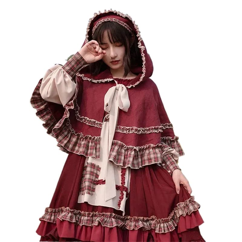 Elegante dolce abito da principessa Lolita per ragazza Abito rosso patchwork vintage con mantello Mini abito da sera per cosplay femminile carino