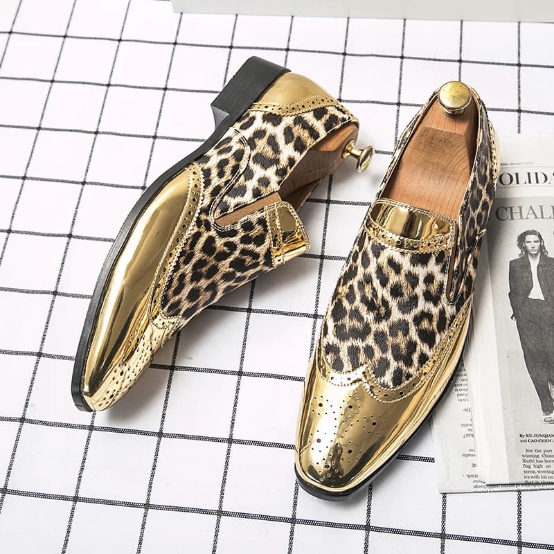 Nuovi Mocassini di Lusso da Uomo, Scarpe Dorate e Argentate, Scarpe Casual con Stampa Leopardata, Oxford da Uomo per Affari e Matrimoni, Mocassini Formali