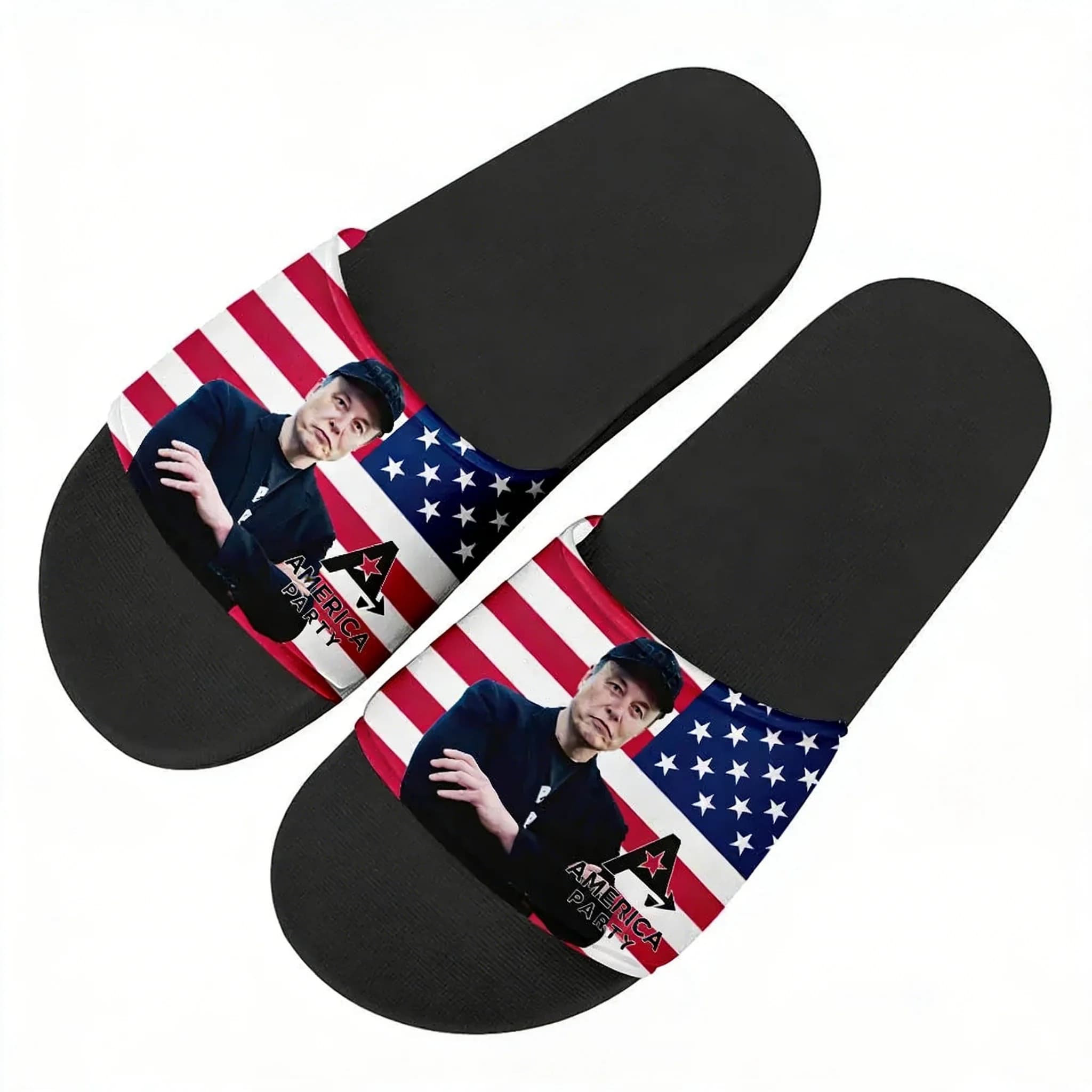 Ciabatte da festa America personalizzate per uomo, donna, ragazzo, ragazza - Sandali con foto Elon Musk - Scarpe da bagno personalizzate - Scarpe da acqua nere