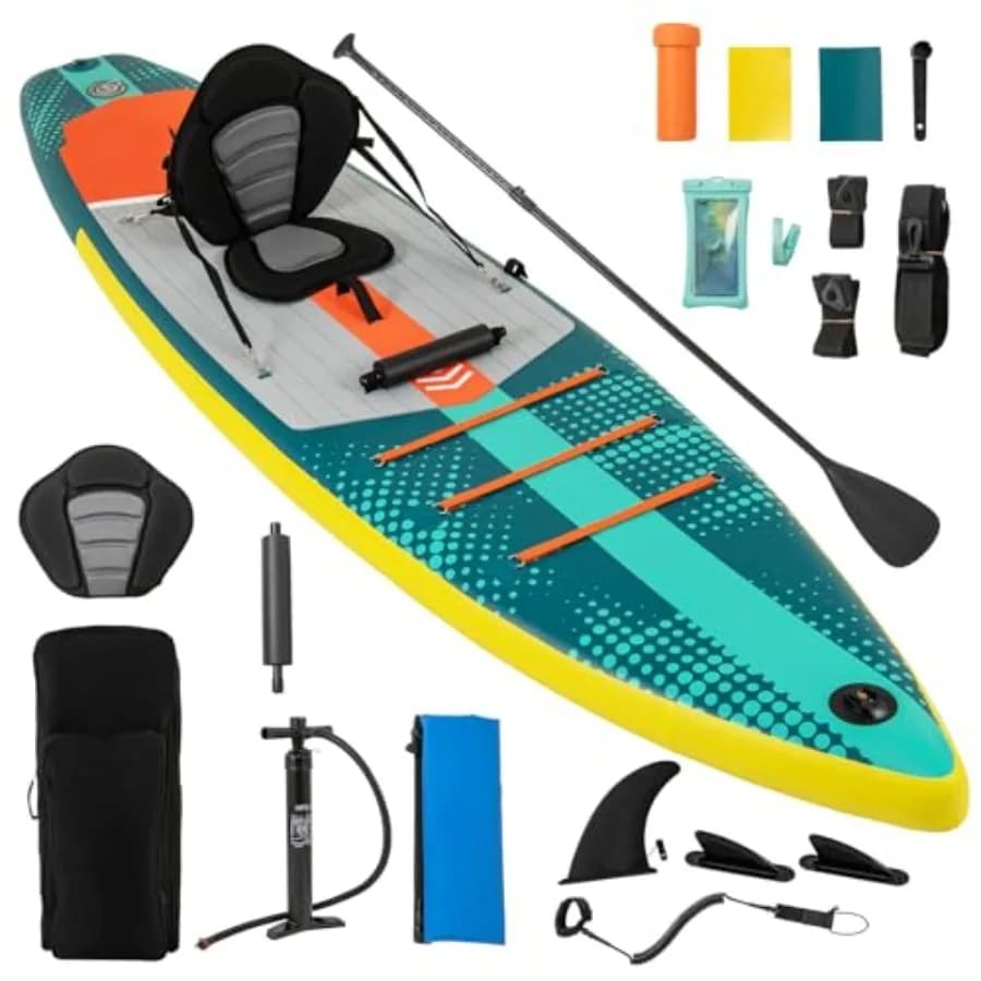 Tavola SUP Gonfiabile con Sedile Kayak, Supporto Telecamera, Pinna Direzionale, Pagaia, Zaino per il Trasporto, Extra Larga per Adulti e Giovani, Galleggiante per la Pesca