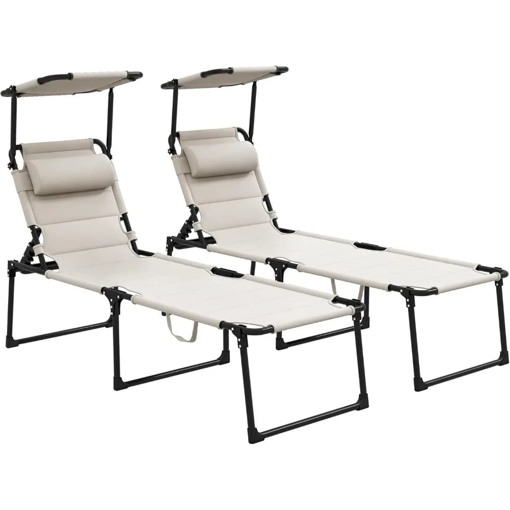 Outsunny Outdoor lounge chair 2 pieces, folding chaise longue with adjustable backrest, padded tan chair with sun roof and