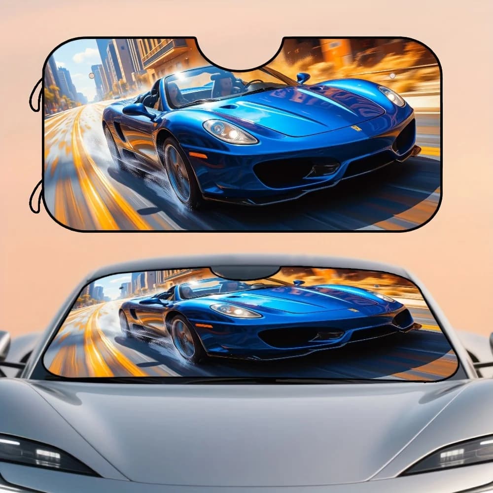 1pc, Art Racing Pattern Polyester Car Sunshade For Windshield, Easy To Fold And Store, Great For Morning Commutes, Weekend Drive