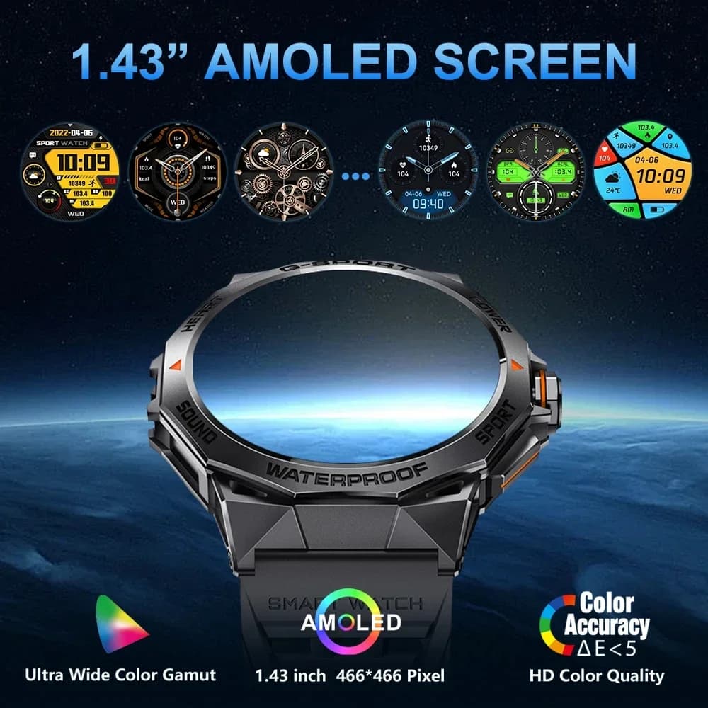 Fashionable smart watch for man AMOLED Outdoor sports Fitness Tracker 400mAh Standby Long call Bluetooth Music Heart rate Smartwatch