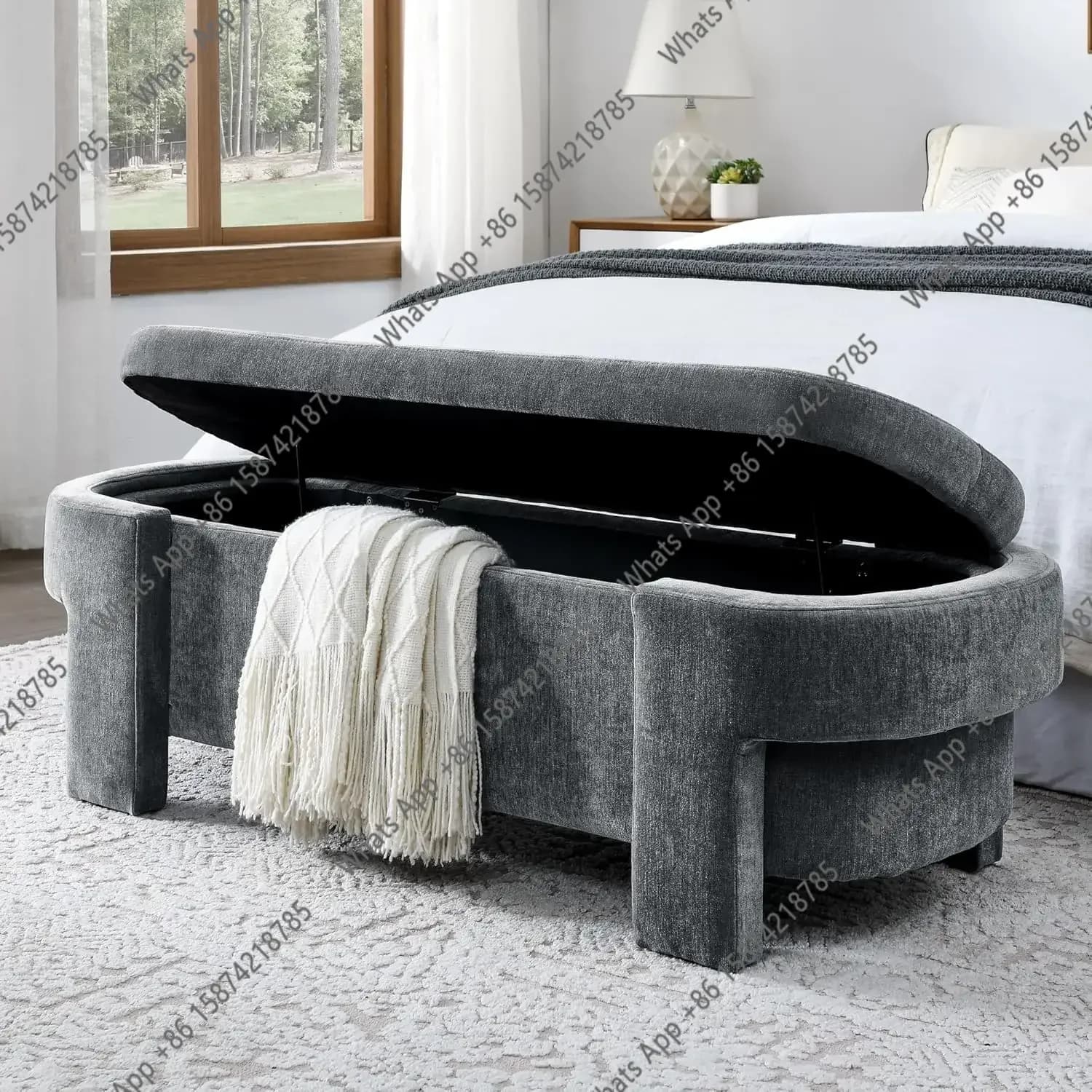 CC With Safety Hinge & Hidden Compartment Oversized 51.5" (131cm) Oval Linen Upholstered Storage Bench | End Of Bed Ottoman