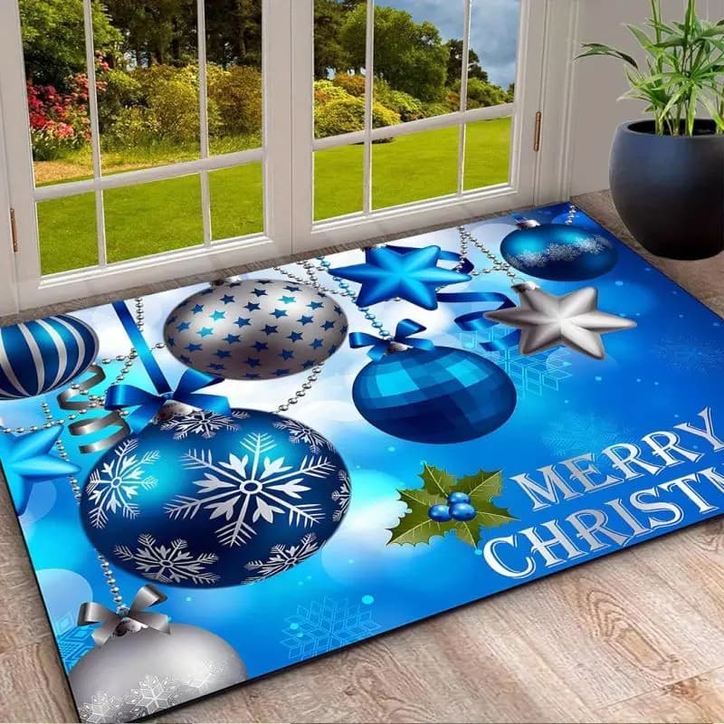 Merry Christmas Welcome Doormat Blue Ornaments Star Non-Slip Machine Washable Carpet for Living Room Bedroom Kitchen Laundry R