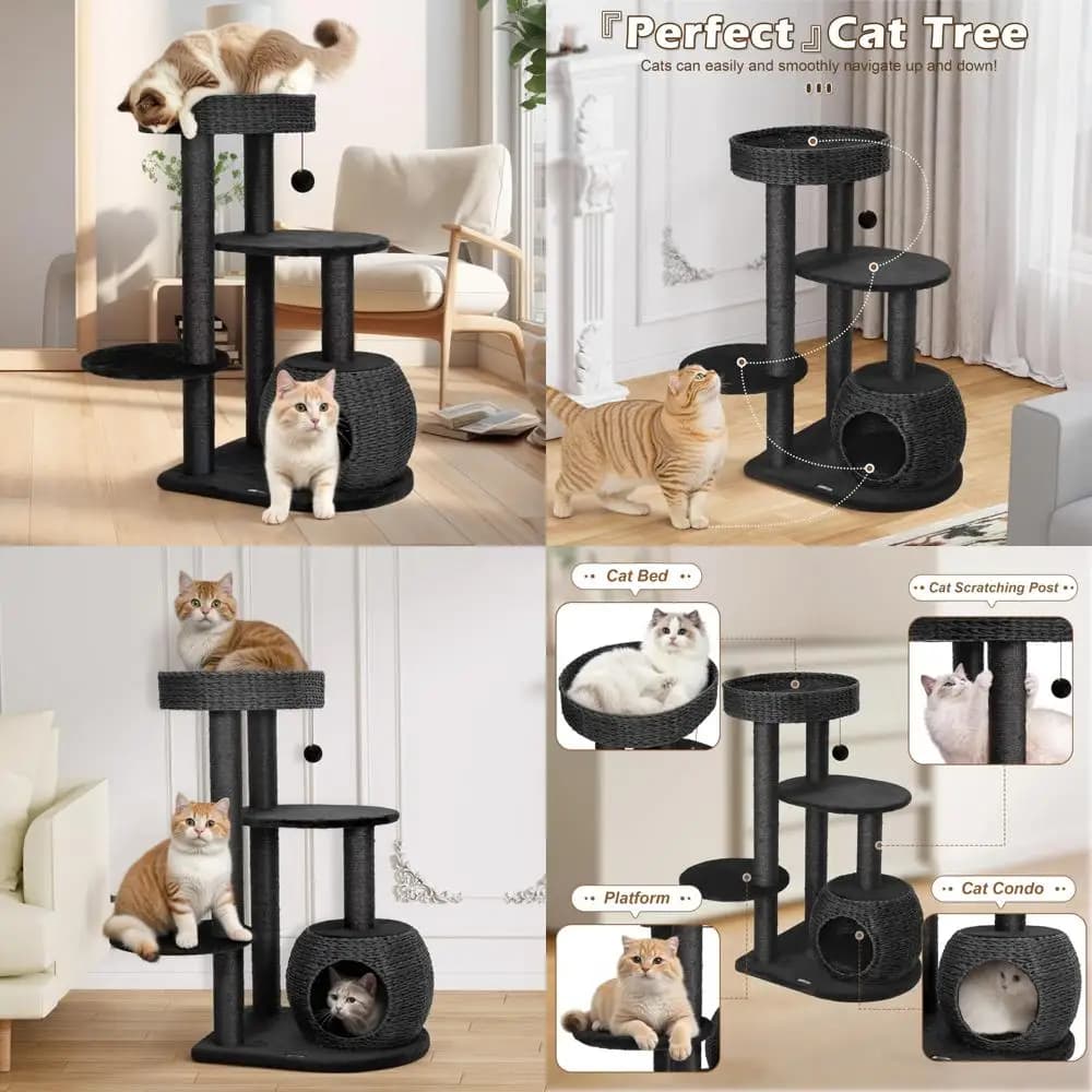 Albero per gatti moderno da interno, condominio per gatti alto 39 pollici con tiragraffi in sisal naturale e torre intrecciata a mano