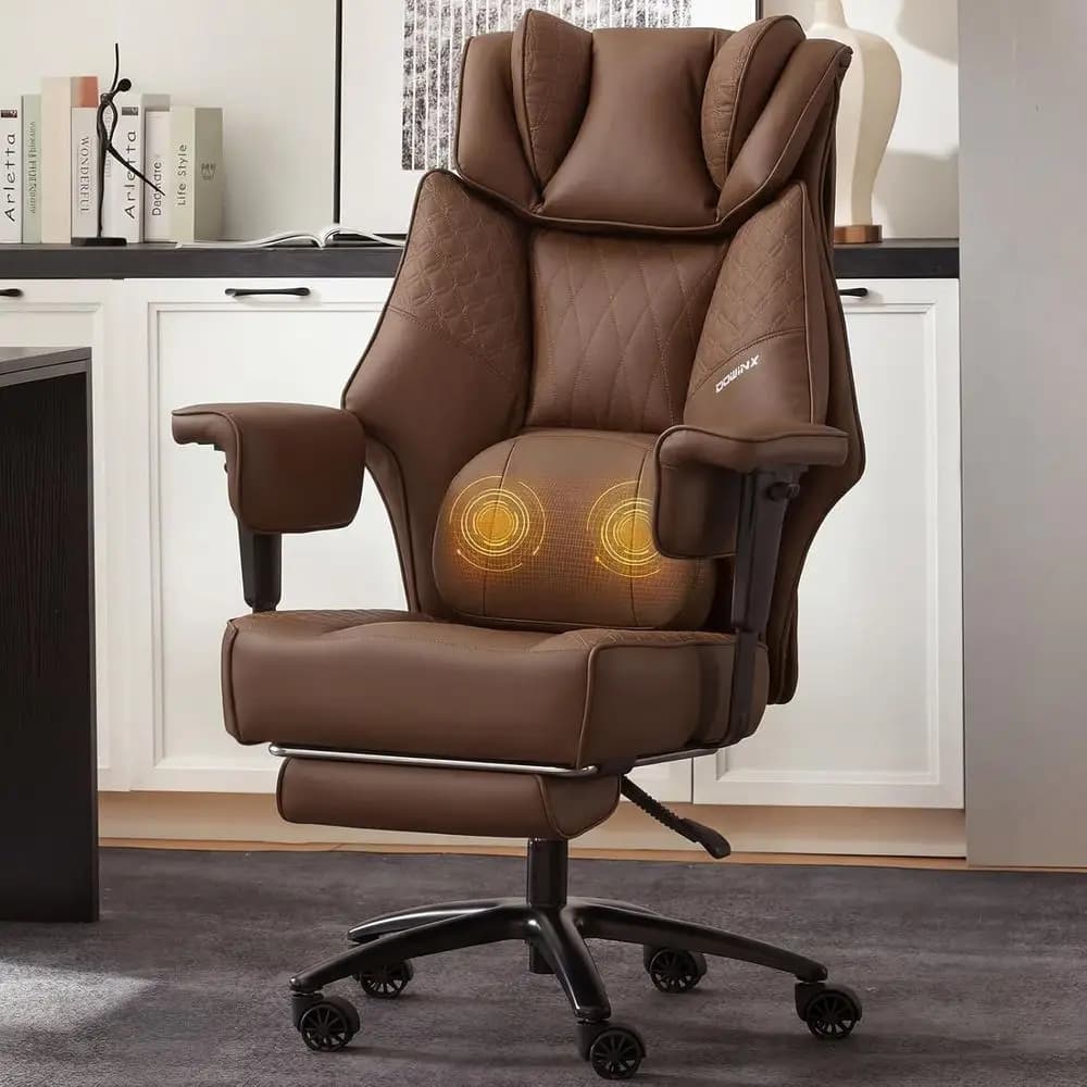 Sedia da Ufficio Ergonomica di Lusso con Massaggio, Seduta Larga, Braccioli Regolabili e Poggiapiedi - Marrone