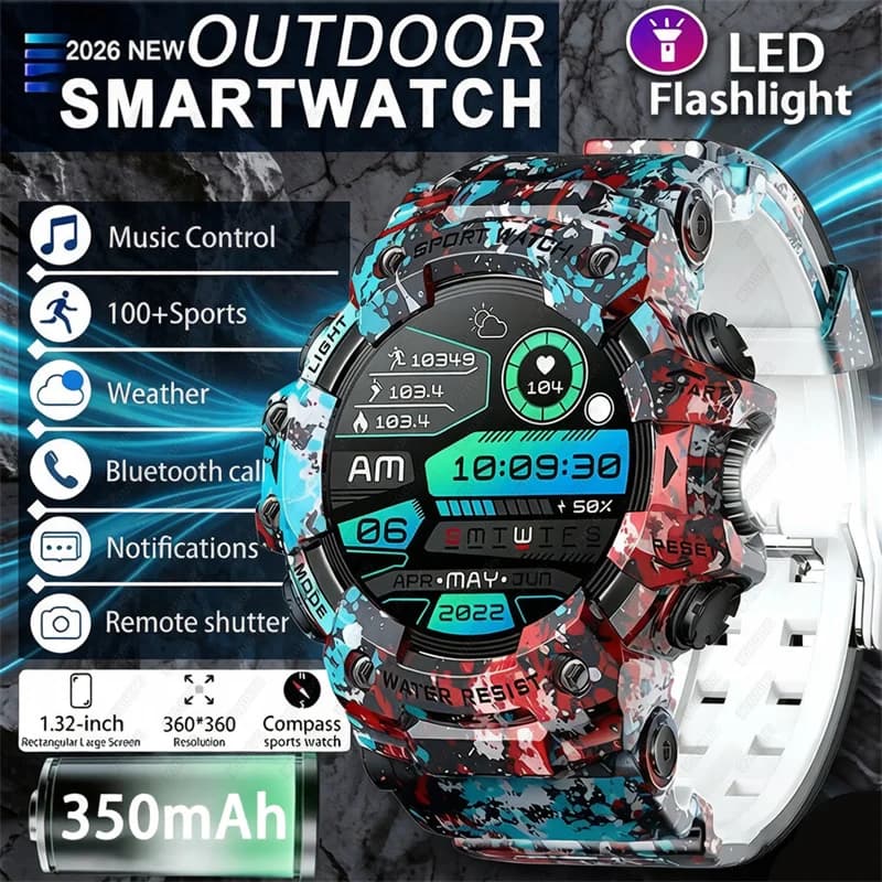 2026 Smart Watch Sport Outdoor Waterproof Bluetooth Phone Call Heart Rate Compass Flashlight Smartwatch Men Gift Smart Accessory
