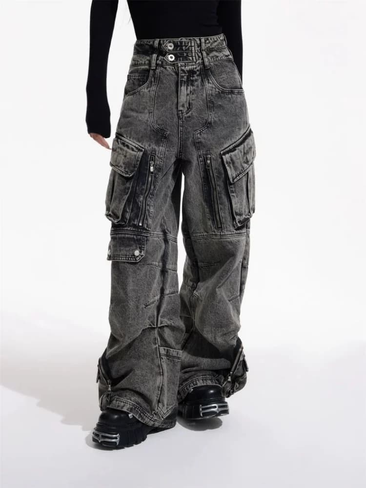 Trashy Y2K 2000S Streetwear Vintage Grigio Baggy Pieghettato Cargo Jeans Pantaloni Per Le Donne Abbigliamento Multi Tasche Gamba Larga Pantaloni Della Signora