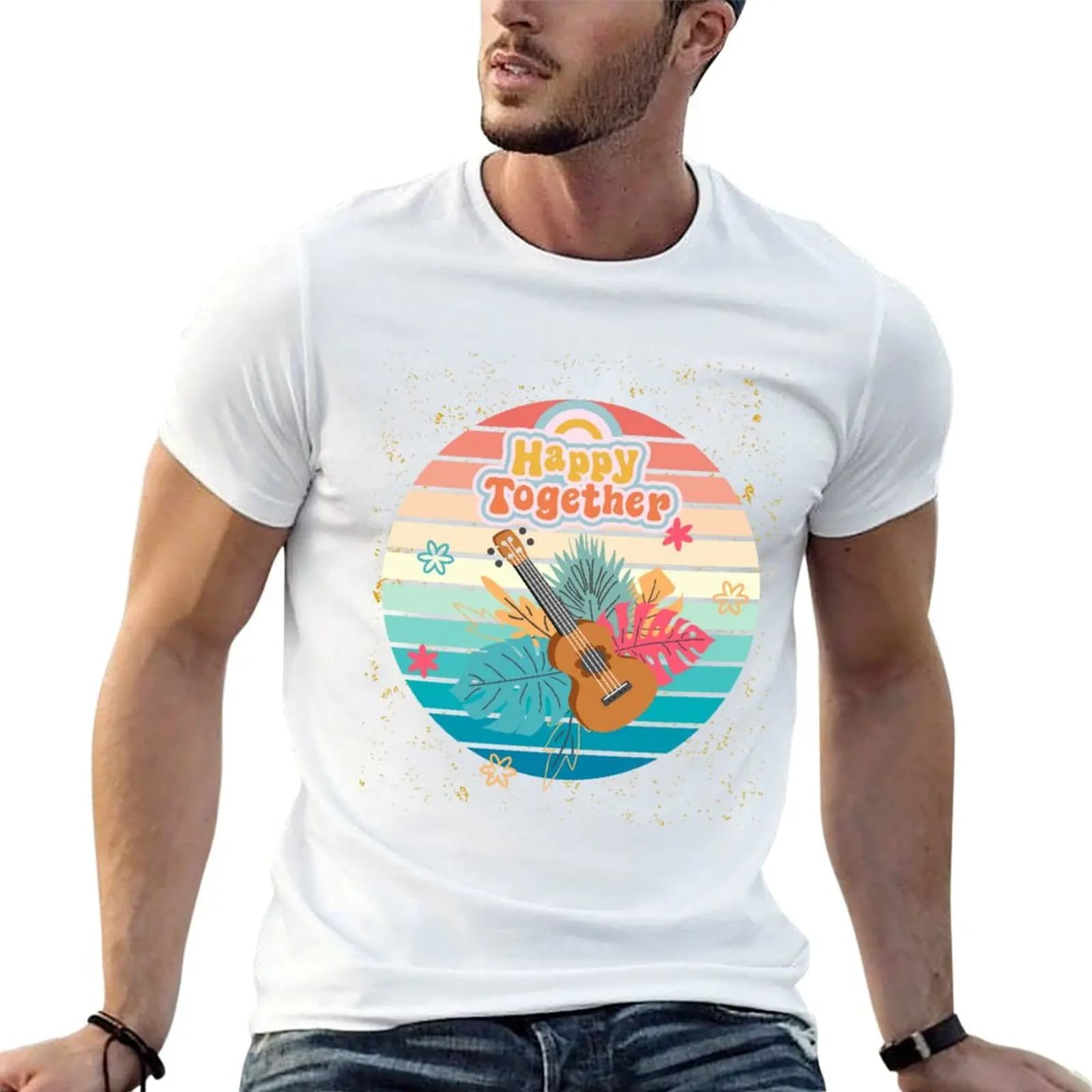 Ukulele felici insieme! T-shirt da uomo di design, 100% cotone, di marca di lusso, con stampa personalizzata