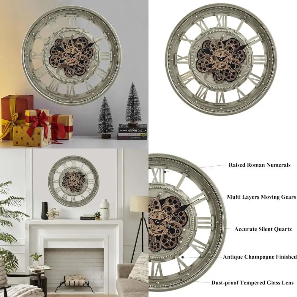 Great Wall Clock Old Style 24 Inches with Roman Numerals, Gears and Champagne Finish - Ideal for Home and Gift Furniture