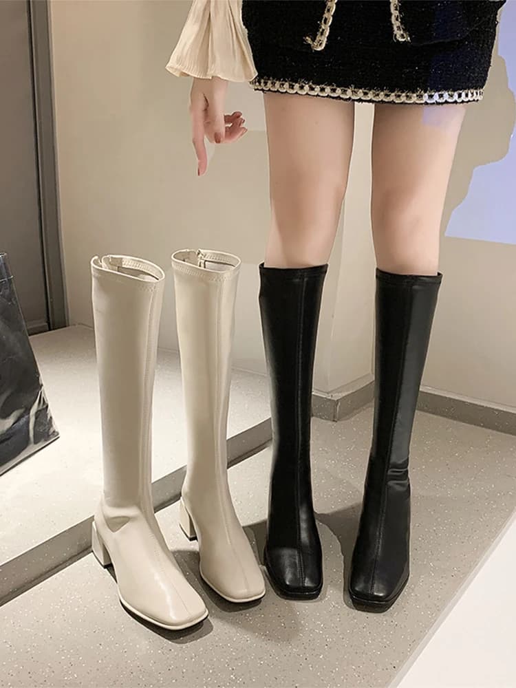 Knee-high Boots Women's Spring Autumn 2025 New High-calf Knight Boots Square Head Thi Heel Medium Heel Slim Long Boots