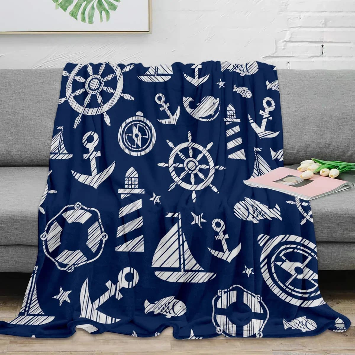 Coperta in flanella con ancoraggio blu nautico, timone, barca, faro per pesci, coperta da picnic da viaggio, morbida coperta portatile per letti