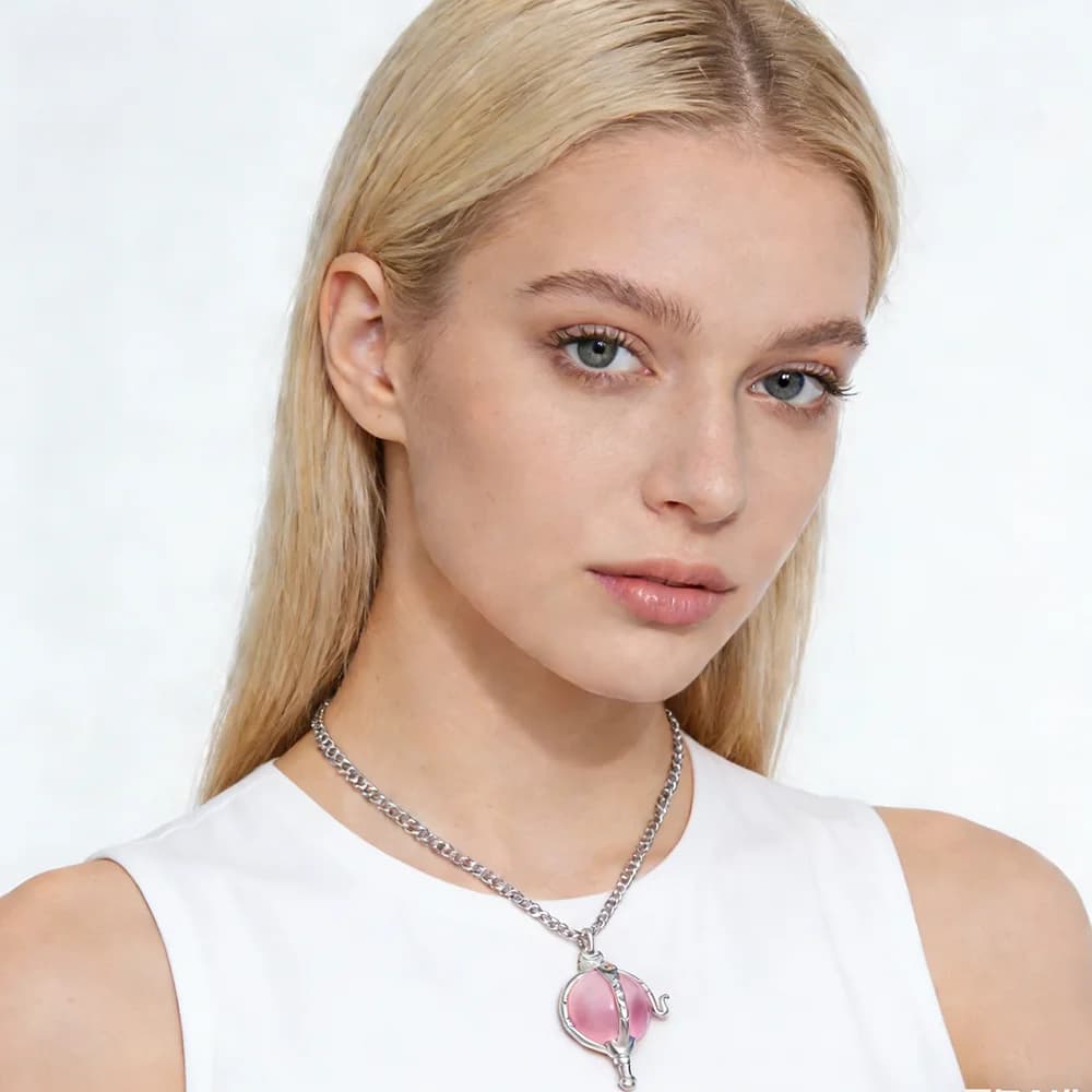 Collana con Sfera di Cristallo Rosa Stile Anime per Ragazze e Donne, Gioiello Charm per Feste