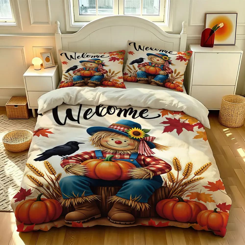 3pc scarecrow "Welcome" bedding set, featuring a soft, coreless duvet cover and matching pillowcases.