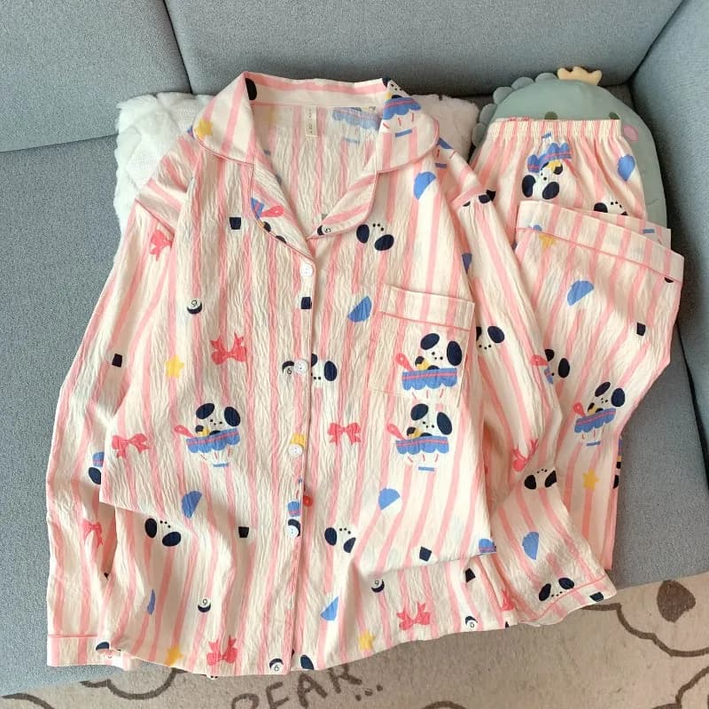 Fall Home Suit Cute Cartoon Pink Striped Dog Print Women's Cute Pajamas Korean-Style Casual Homewear 2 Piece Pajamas Set Spring