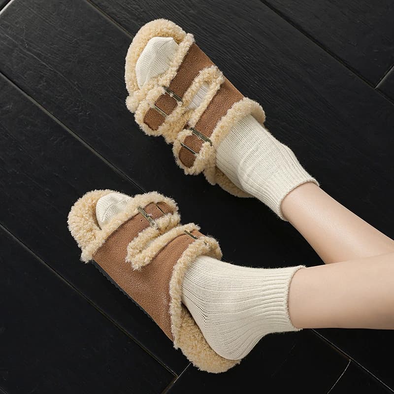 Pantofole in Pelliccia di Agnello con Suola Spessa, Nuove per l'Autunno Inverno 2026, da Donna, per Esterni, con Doppia Fibbia, Calde e Imbottite in Cotone