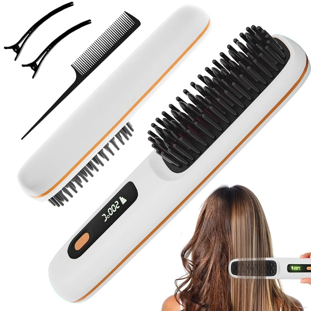 Brush for smoothing the hair with 3 temperature settings, quick heating and automatic shutdown, comb to smooth rechargeable portable ionic for woman