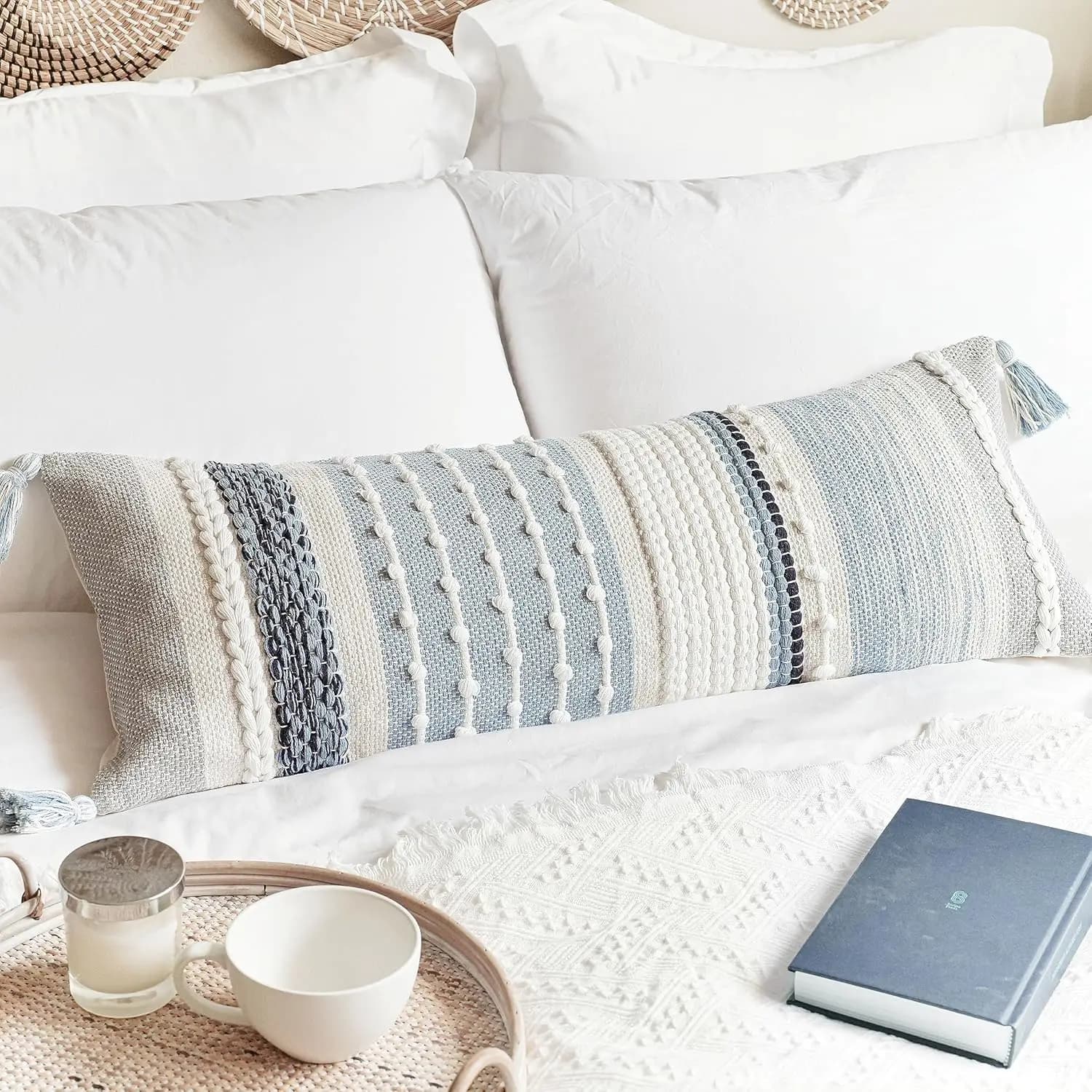 Fodera per cuscino lombare Coastal Blue Boho 14x36, federa decorativa moderna in stile rustico per letto e divano
