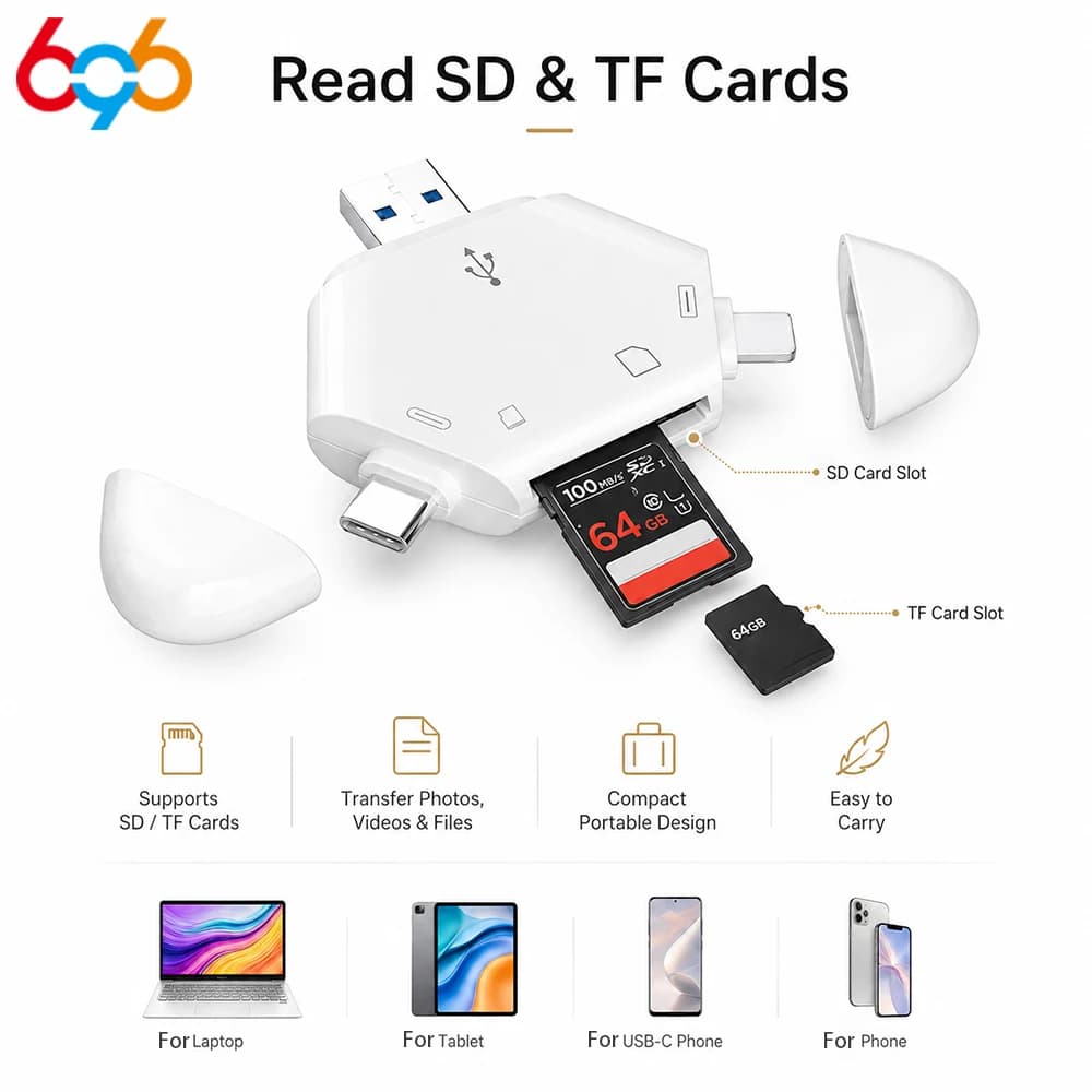 3 In 1 Memory Card Reader With Triangle Magnetic Cap USB-C USB Lightning Port Support TF/SD For PC Laptop/MacBook/Smart Phones