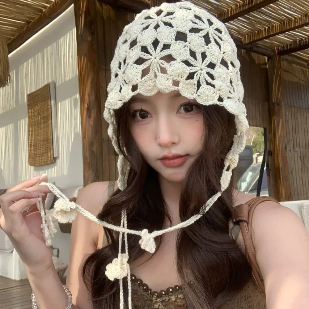 Fashion Tassel Hollowed Out Knitted Hat Floral Elegant Bohemian Style Beanies Korean Thin Weave Cap Spring Summer