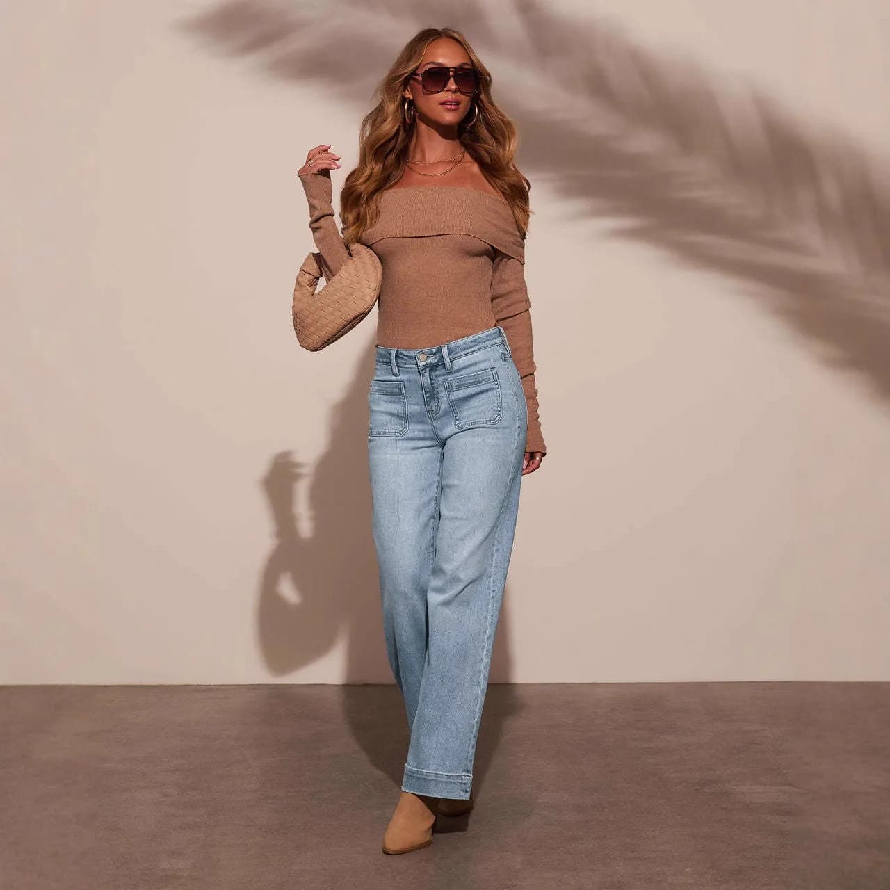 Women Baggy Jeans High Waist Straight Leg Denim Pants Medium Wash Cuffed Hem Front Patch Pockets Button Fly Classic Blue