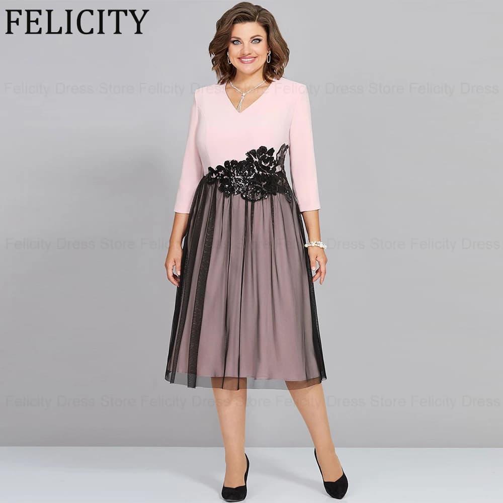 FELICITY Customized Elegant Plus Size Mother of the Bride Dress A-Line V-Neck Wedding Guest Dress Applique Sequins Evening Gowns