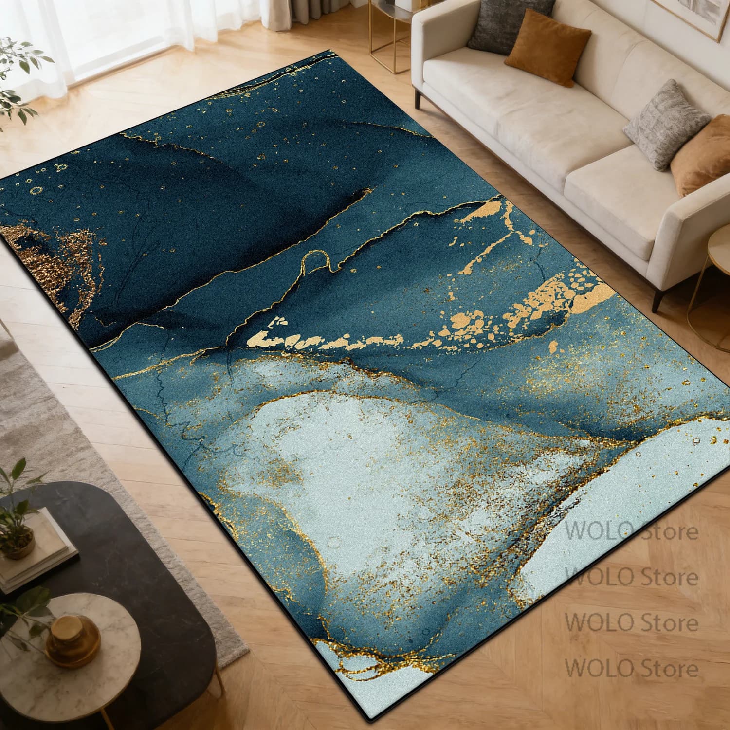 Abstract Blue Gold Modern Luxury Area Rug for Living Room Carpet Home Decor Chic Navy Teal Geometric Accent Mat