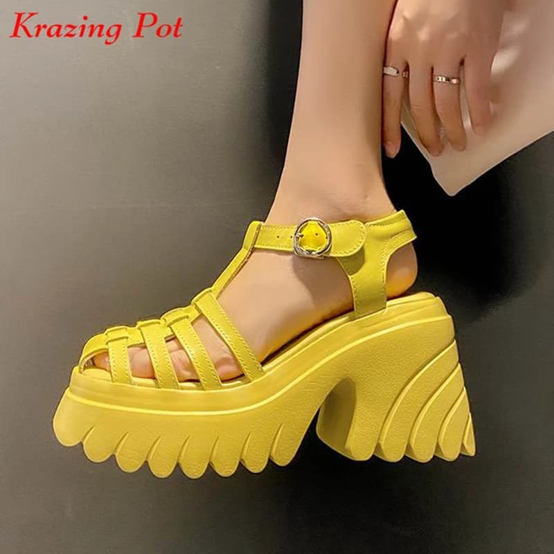 Krazing Pot 2026 Sandali Estivi da Donna in Pelle di Vacchetta con Plateau, Cinturini con Fibbia, Punta Rotonda, Impermeabili, Tacchi Alti Spessi, Sexy