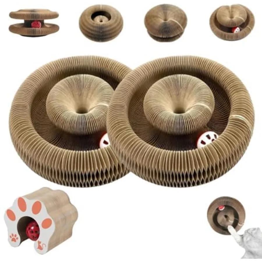 Magical Toy for Indoor Cats, Foldable Tiragraffi and Recyclable Fisarmonic Shape with Ball, Multicolor Interactive Mat