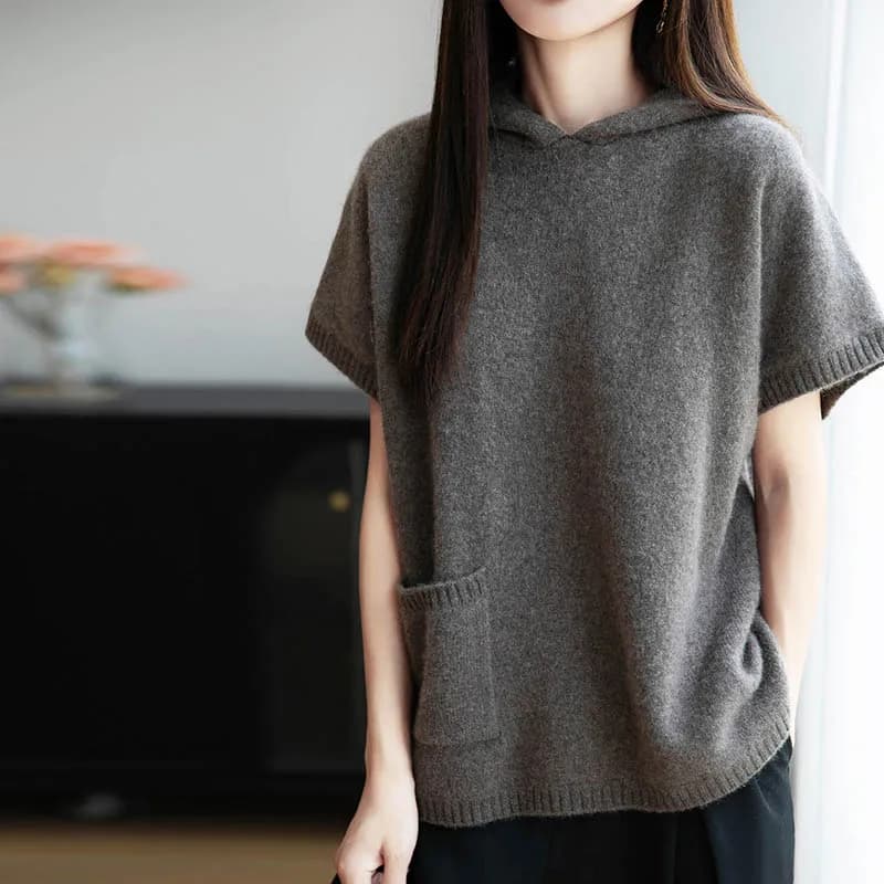 100% Merino Wool Hoodie Women's Knitted Short-Sleeved Sweater Solid Color Korean Version Loose Pullover Fashion Women's Clothes