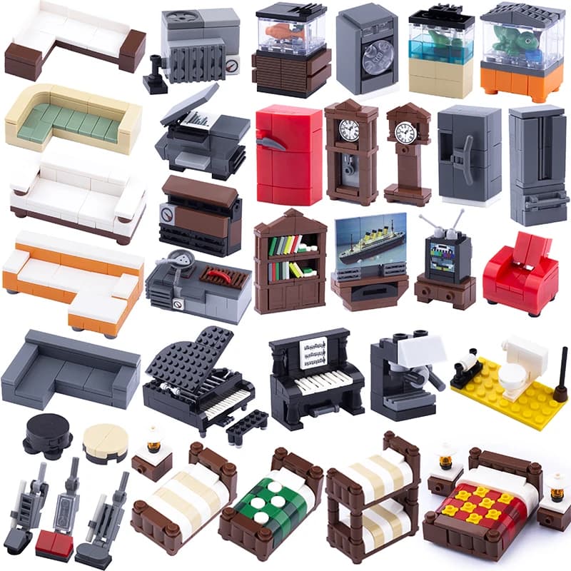 MOC City House Mobili Kit di blocchi di costruzione Toilette Acquario Letto Piano TV Divano Divano Orologio a pendolo Panca da cucina Giocattoli in mattoni