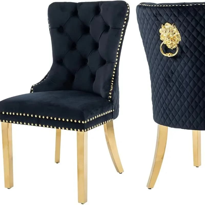 Modern Button Tufted Dining Chair Lion Head Pull Ring Stainless Steel Legs Home Office Dining Room Furniture