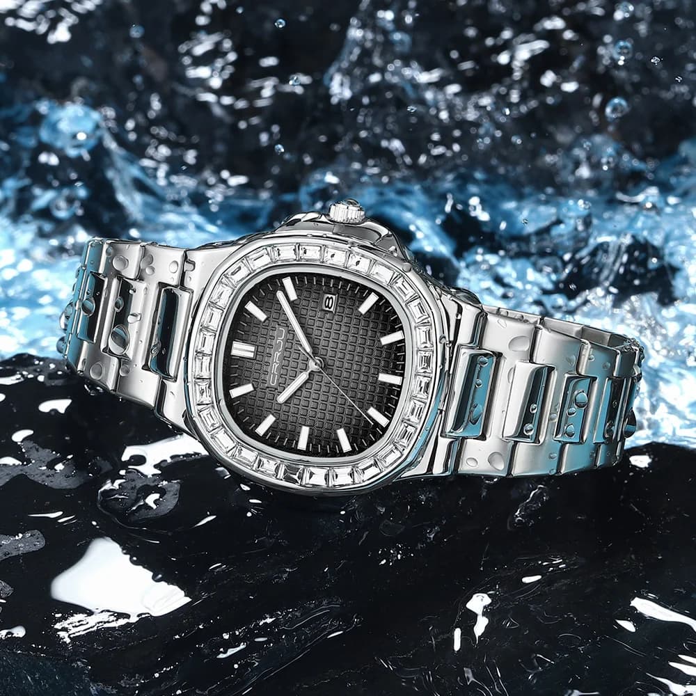 CRRJU Fashion Hip-Hop Men's Strap Stainless Steel Diamond Quartz Watch Men's Calendar Working Watch Relogio Masculine Wrist Watch