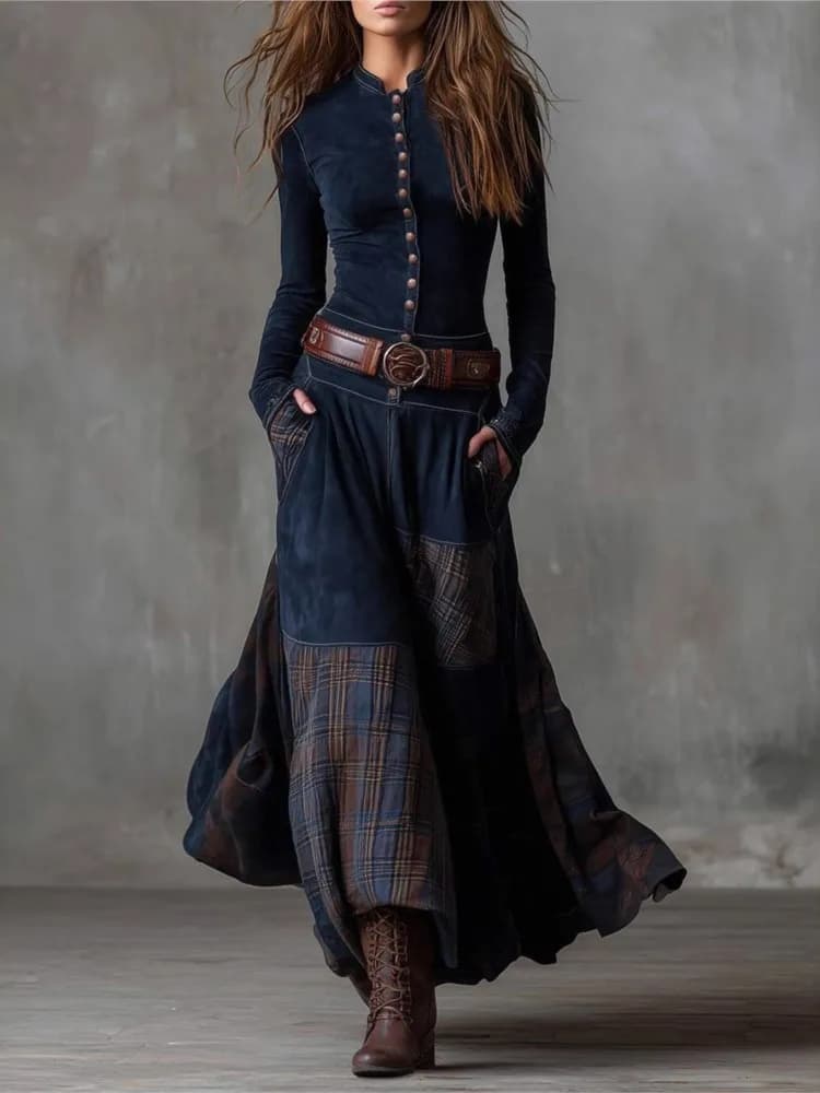 Temperamento da donna Pendolarismo Abito sottile Primavera Autunno Pelle scamosciata Plaid Cuciture Retro Tasca con bottoni Cintura Abiti a maniche lunghe